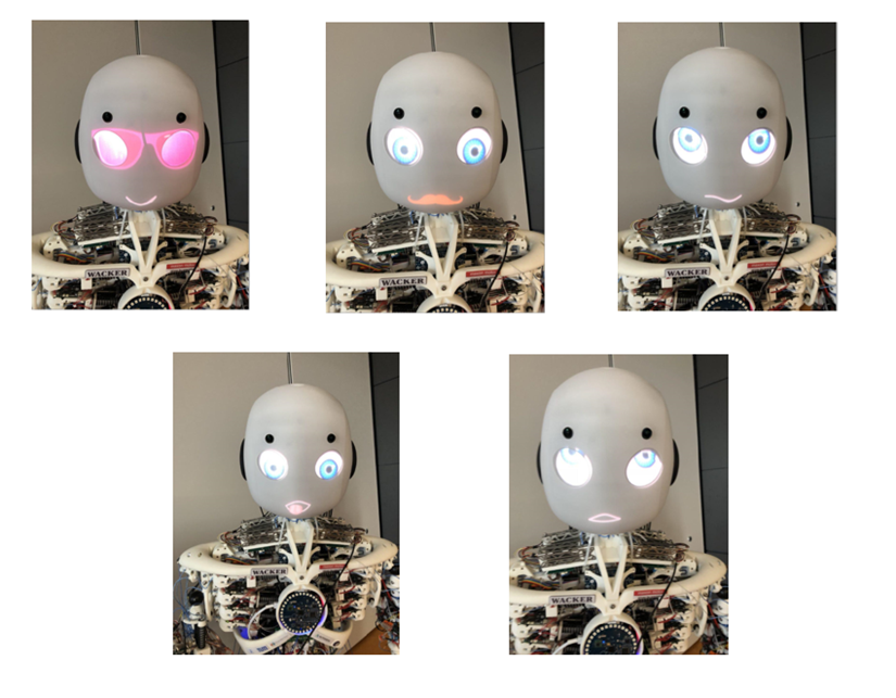 Range of expressions Roboy 2.0 5 small images of a off white robotic humaoid face, showing a range of expressions