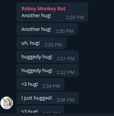 A series of messages describing hugs given from 2:29PM to 2:36PM. 