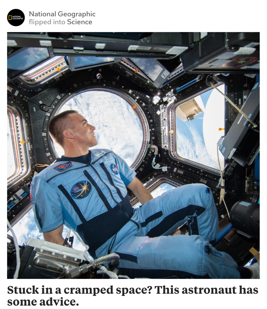 Image of an astronaut in a space capsule with a view of Earth from the windows.