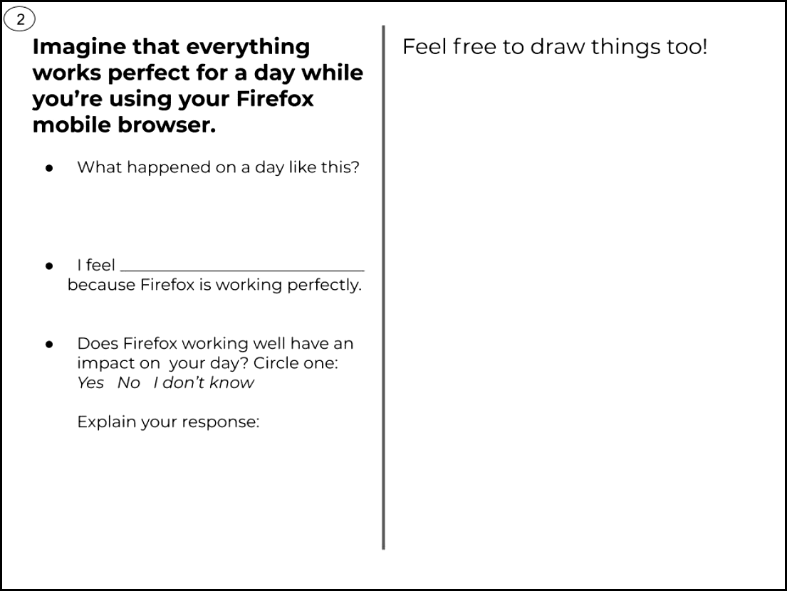 Title of worksheet is “Imagine that everything works perfect for a day while you're using your Firefox mobile browser.” Contains additional prompts: “What happened on a day like this?” “I feel [blank] because Firefox is working perfectly.” “Does Firefox working well have an impact on your day? Circle one: Yes, No, I don't know. Explain your response:”. Space provided to draw things.