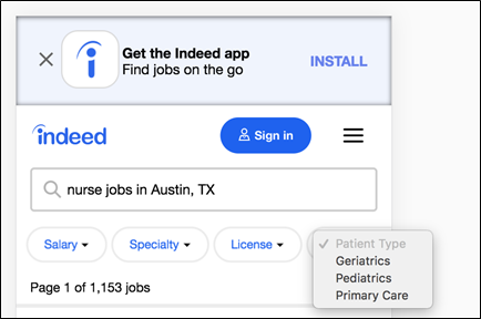 The Indeed.com mobile search interface showing a search query for nursing jobs in Austin, Texas. Below the search box is a “Patient Type” filter with options for Geriatrics, Pediatrics, and Primary Care.