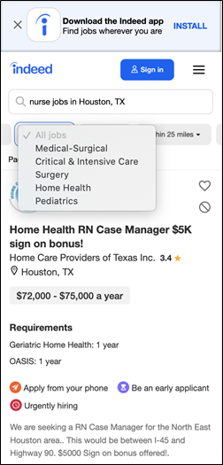 The Indeed.com mobile search interface showing a search query for nursing jobs in Houston, Texas. Below the search interface is a “Mecial Specialties” filter with options for Medical-Surgical, Critical & Intensive Care, Surgery, Home Health, and Pediatrics.