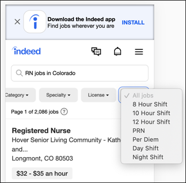 The Indeed.com mobile search interface showing a search query for nursing jobs in Colorado. Below the search interface is a “Shift” filter with options for 8 Hour Shift, 10 Hour Shift, 12 Hour Shift, PRN (pro rata), Per Diem, Day Shift and Night Shift.