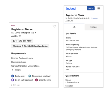 This illustration shows both the shortened job summary and the full job description detail for a Registered Nurse job in Austin, Texas. The summary shows “Physical & Rehabilitation Medicine” as a visually distinct metadata tag. The full job description includes the same information under a structured heading for “Medical Specialty”.