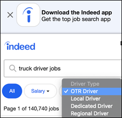 The Indeed.com mobile search interface showing a search query for truck driver jobs. Below the search input is a “Driver Type” filter with options for OTR Driver, Local Driver, Dedicated Driver, and Regional Driver.