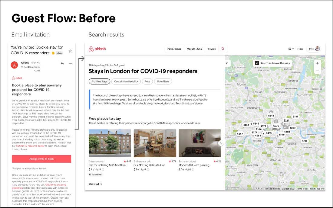 Two screenshots of an invitation email for frontline workers to book accommodations, and a search results page in London