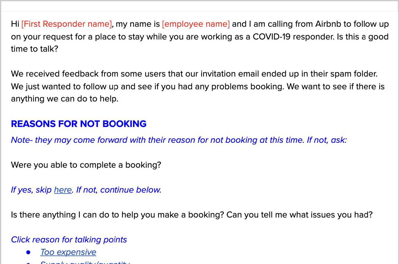 Screenshot of a script for Airbnb employees to use when calling frontline workers in early 2020.