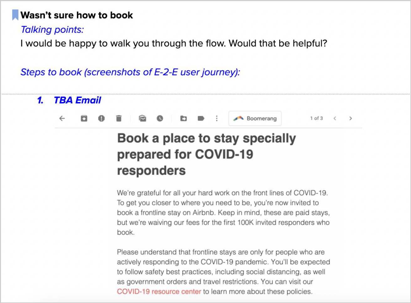 Desktop screenshot of a script, showing what callers should say if the frontline worker had had difficulty trying to book temporary accommodation through the Frontline Stays program.