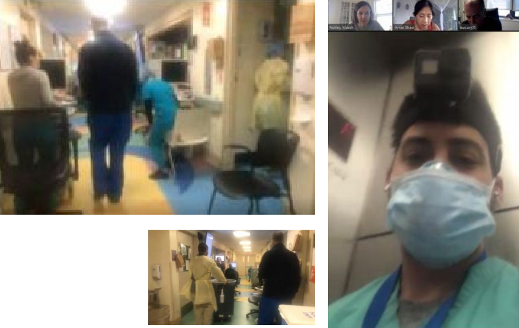 Three images. First: four poeple in a hallway with two computer stations. Second: a close-up of a man in scrubs and a facemask. Third: Three people in a hospital hallway.