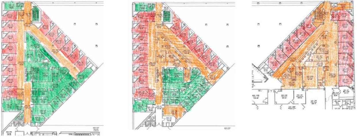 A floorplan colored in red, green, and orange sections.
