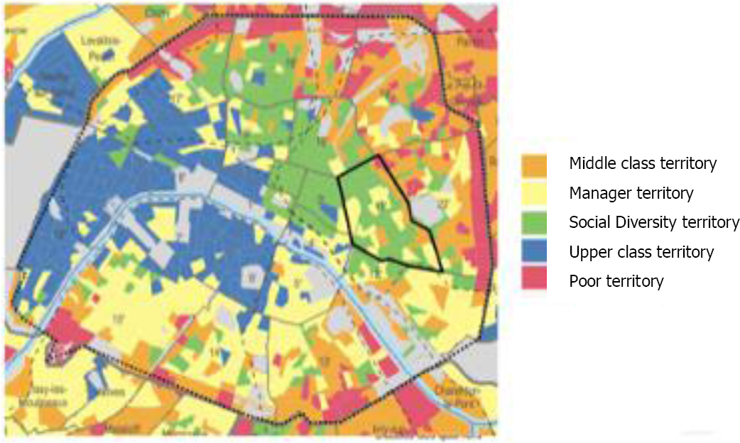 A map of Paris with colors representing “middle class territory,” “manager territory,” “social diversity territory,” “upper class territory,” and “poor territory.”