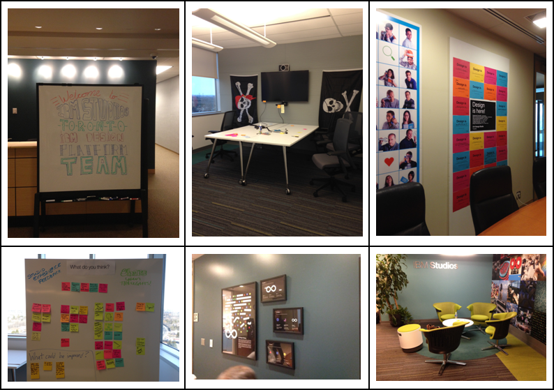 Six images of workspaces, including whiteboards and office furniture.