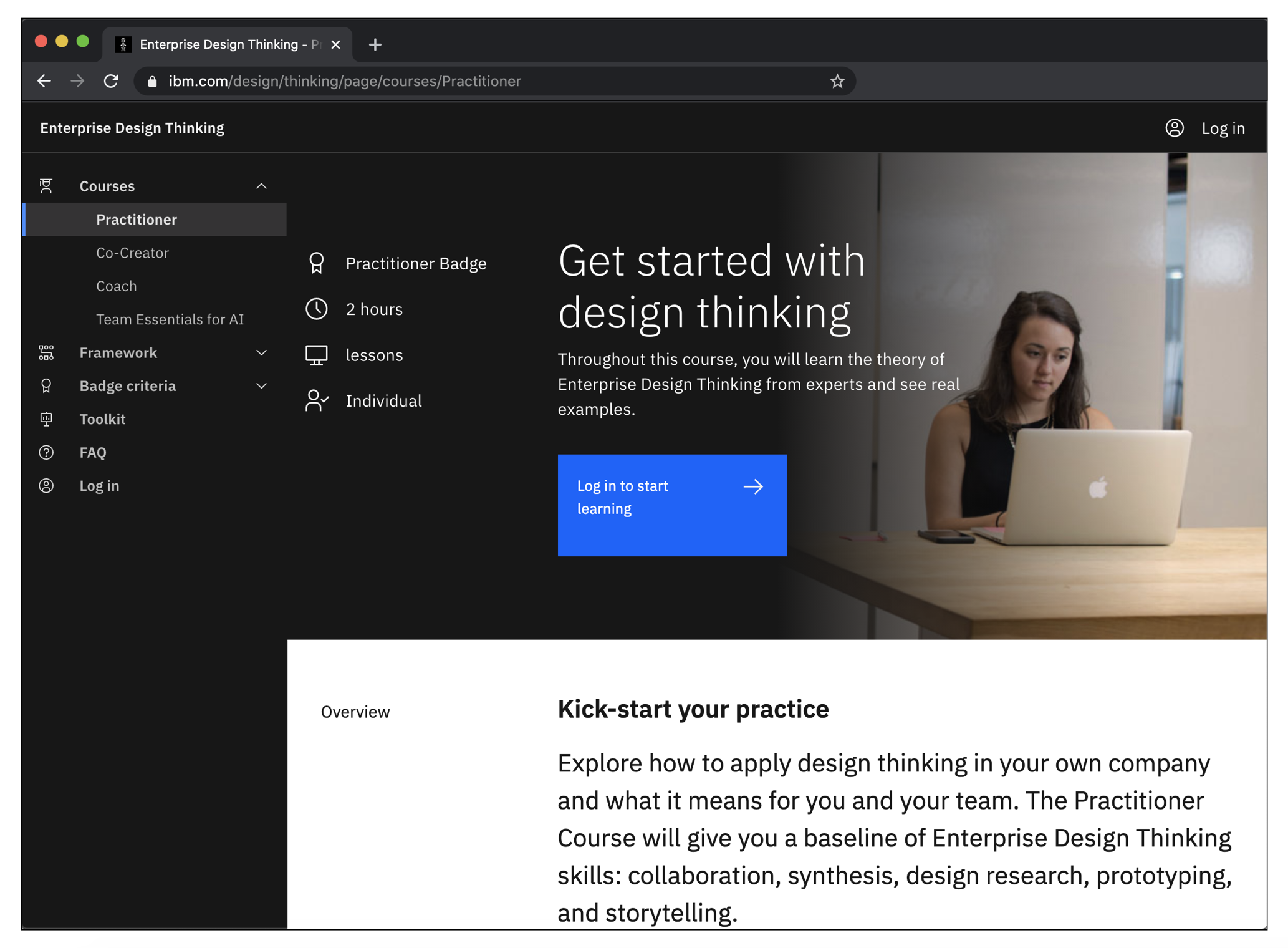 A website showing a woman on a laptop and the title, “Get started with design thinking.”