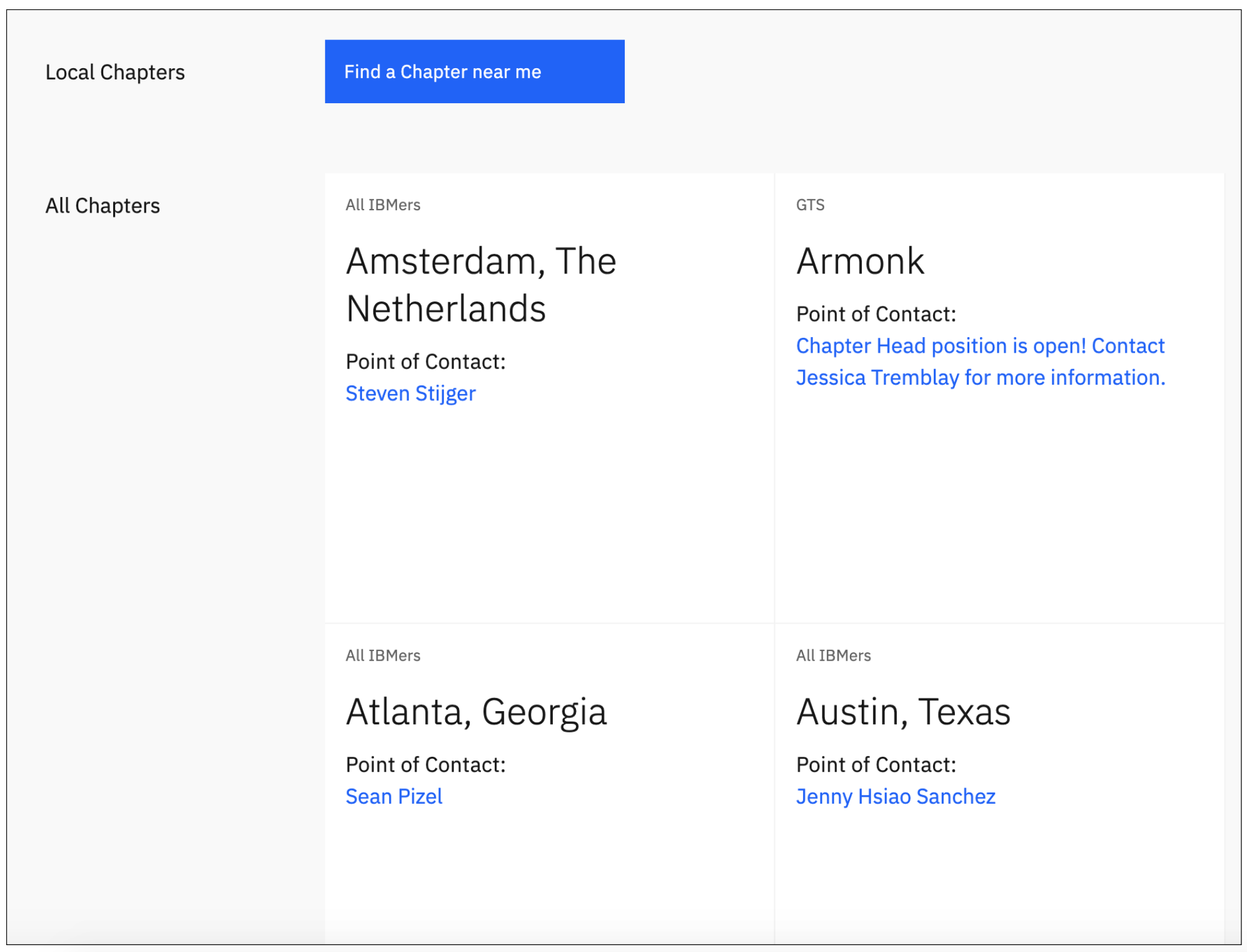 A website showing chapter names and a button that says, “Find a Chapter near me.” Each chapter below has contact information for the “Point of Contact”.