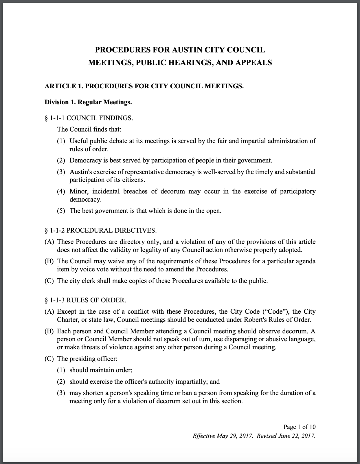 A dense document with the title, “Procedures for Austin City Council Meetings, Public Hearings and Appeals”.