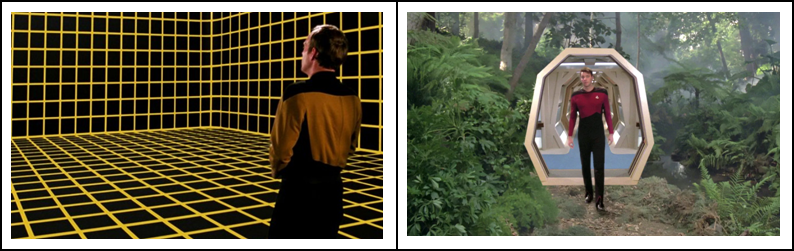 Two images from Star Trek: On the left, a man in front of a yellow grid on a black background. On the right, a man entering a jungle scene through a door.