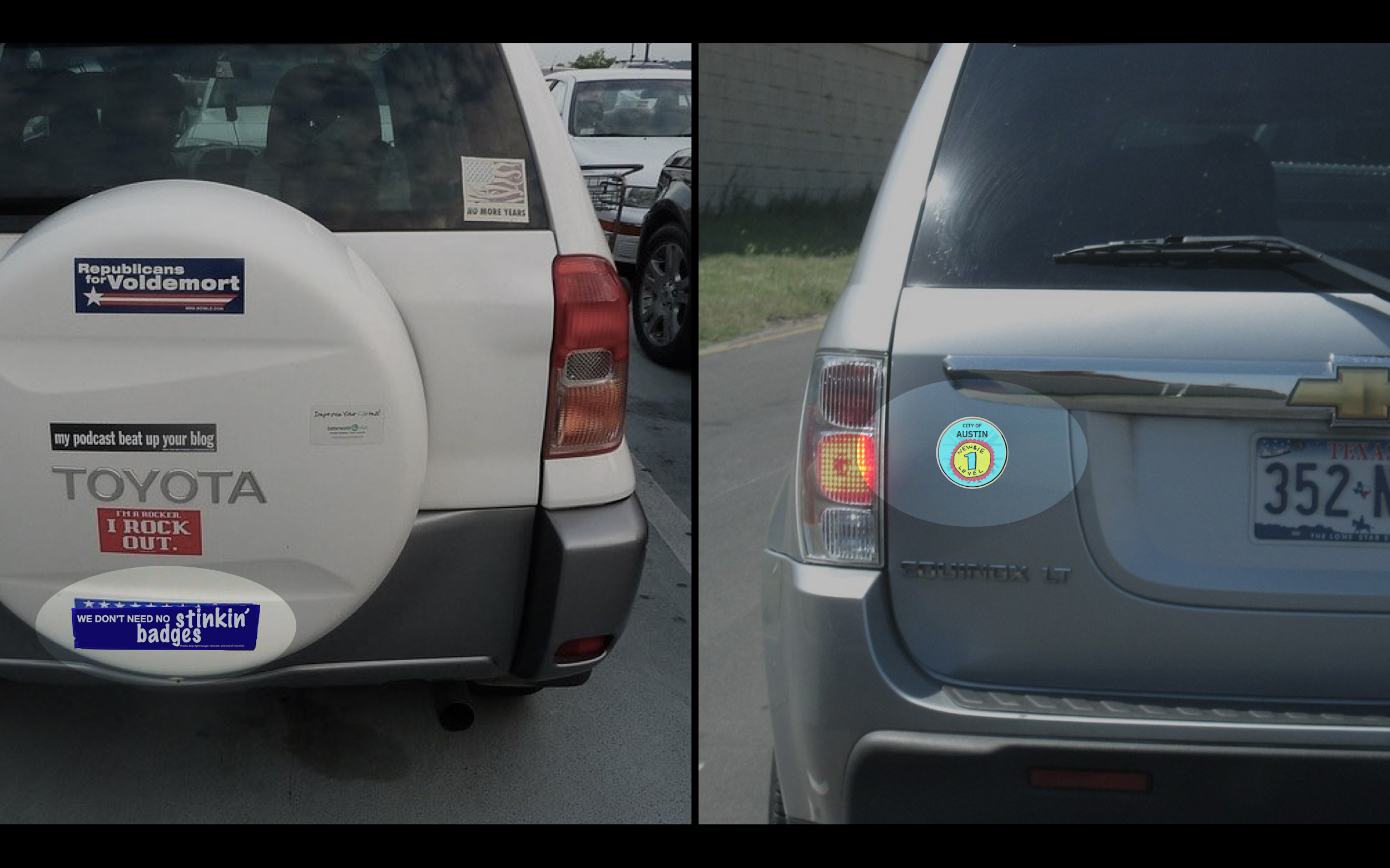 Two images of cars with bumper stickers.
