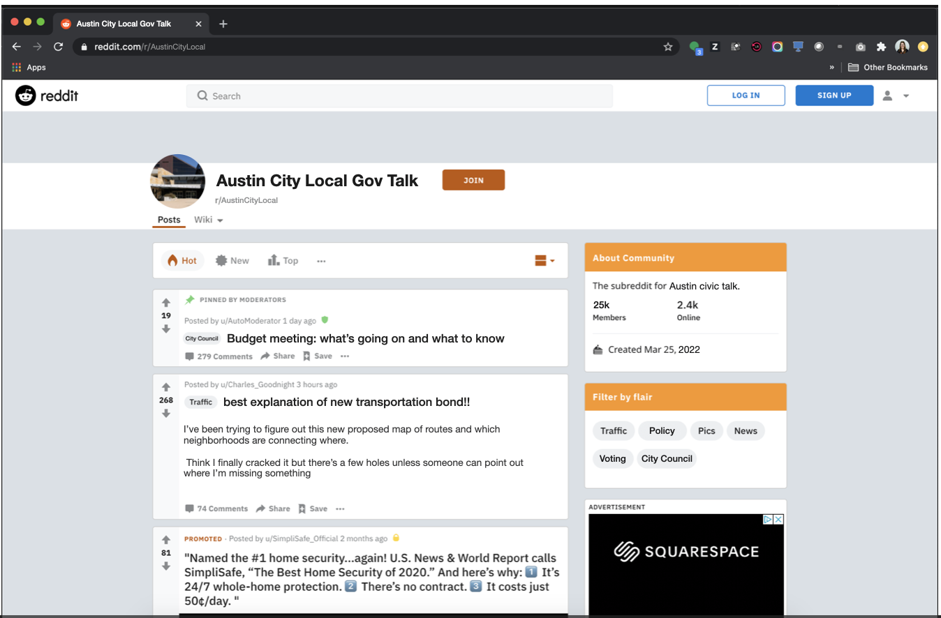 A subreddit titled, “Austin City Local Gov Talk,” with 25 thousand members.