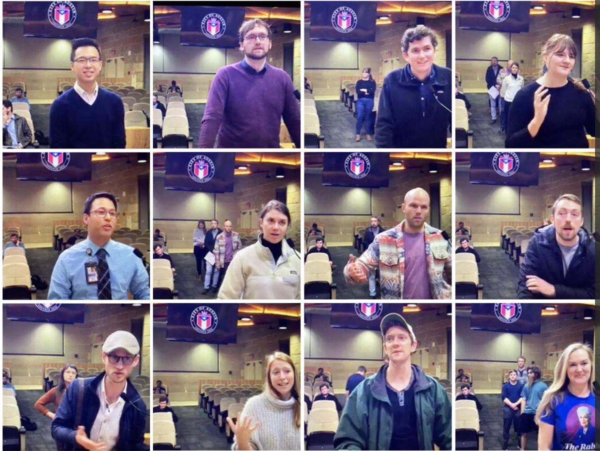 A grid of 12 people standing in a city council chamber speaking to the camera. Each person has a “City of Austin” seal behind them and a line of people ready to talk.