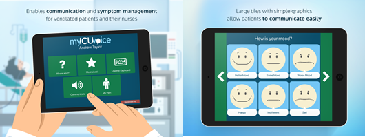 Two images of the myICUvoice app: the homepage with five buttons to choose from, and one that asks “How is your mood” with six emoji faces to choose from.