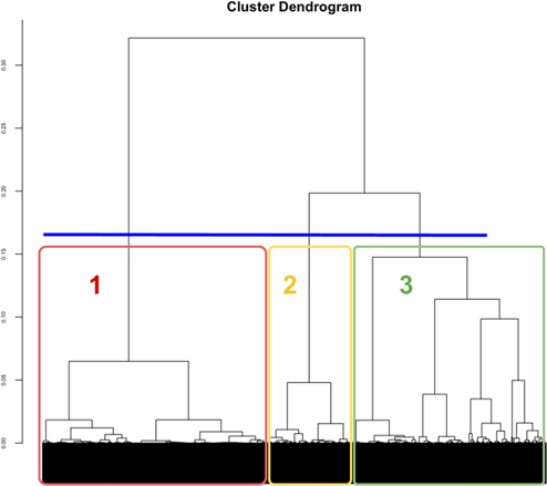 Same cluster dendrogram as Figure 1, but now with colored boxes to indicate three sections.