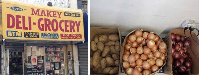 Left: A corner store makeover’s unchanged exterior in the Bronx, New York City. Right: Bins of potatoes and onions are placed next to the door of the Three Amigos Market in Oakland as part of the Healthy Corner Store Project.