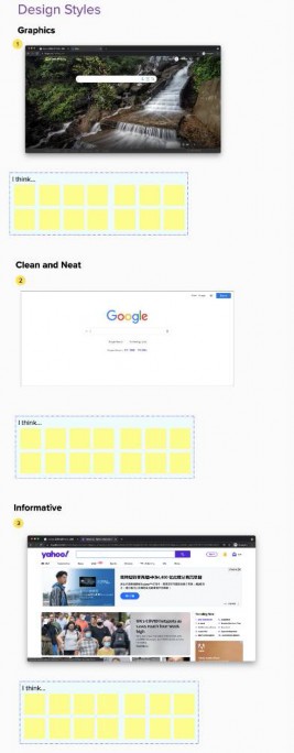 Compare different designs: Which is a better design style for the search engine? Why? How would you approach No. 1? Anything missing from it?