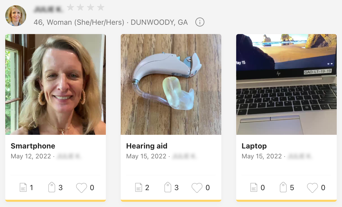 Screenshot of a diary study entry where participants talked about their devices. The screenshot contains three images: the participant, a woman in her mid-40s, with blond, shoulder-length hair; an image of her hearing aid, and laptop computer. 