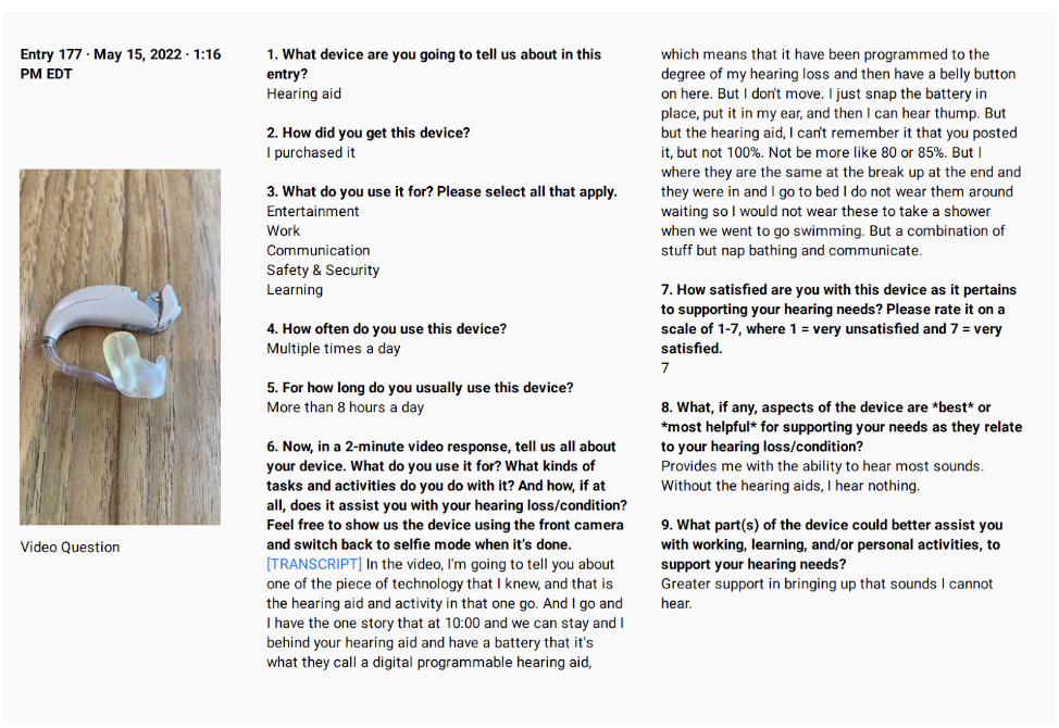 An screenshot depicting an example of an in-depth questionnaire about the devices listed in Part 3 of the diary study from one participant. The participants included an image of a hearing aid and gave written responses to nine questions asking about the device, which are displayed in two columns. 