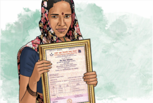 drawing of woman holding framed certificate from an India Today article about literacy testing