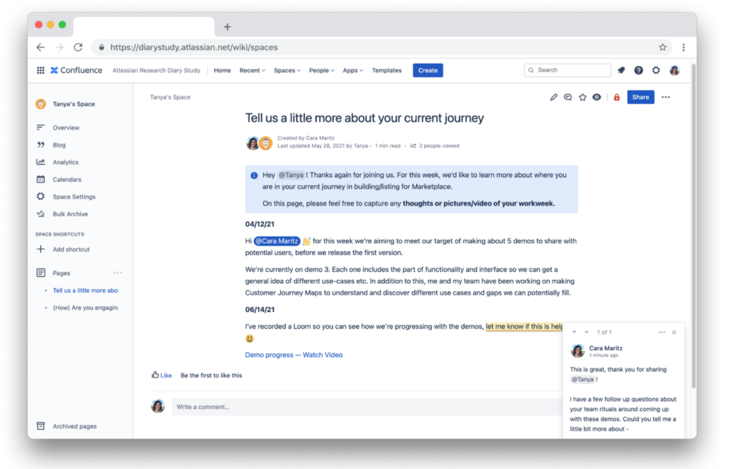 Confluence homepage illustrating how the researchers can comment on the diary entry to dig deeper into their response.