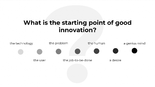 A visual asking the question “What is the starting point of good innovation?” showing typical starting points below, including: the technology; the user; the problem; the job-to-be-done; the human; a desire; a genius mind.