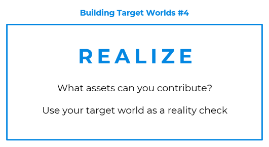 A visual reading: Building Target Worlds Step 4: “Realize” with the tasks: What assets can you contribute?; and Use your target world as a reality check.