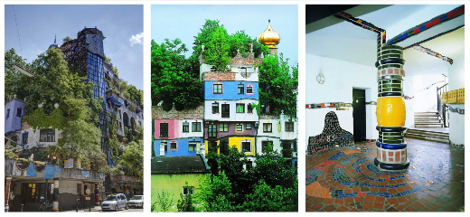 Three pictures of the building Hundertwasserhaus in Vienna, showing a very colourful facade and inside wall paintings, lots of trees growing from purposefully made balconies leading to a building that looks more like a symbiosis of nature and human made technology.