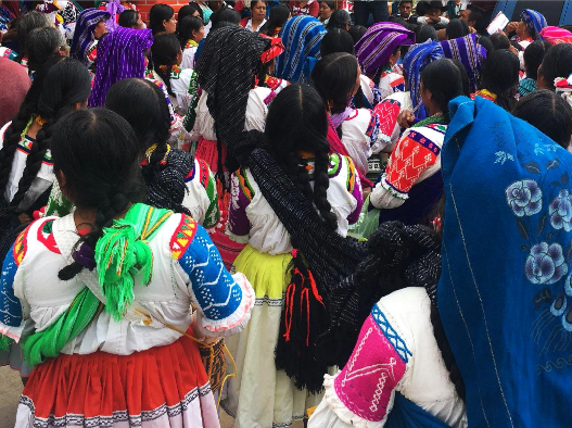 A crowd of women with black hair and colorful blouses are gathered, with their backs to the camera. The closest women wear, from left to right, a blouse with blue embroidery and a red skirt with a green rebozo around across her torso, and the second one wears a blue rebozo on her head, and a blouse with pink embroidery.