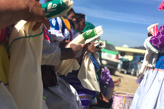 A line of women from Tijaltepec are sitting, covering three quarters of the frame. Up close, a woman embroiders an aqua flower. Next to her, five women embroider their clothes in various colors.