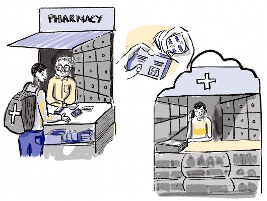 Debashish is thinking beyond his current job. ePharmacy delivery worker at a pharmacy, while talking to the pharmacist over the counter is dreaming of learning about medicines and opening his own pharmacy.