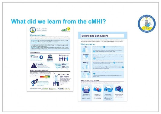 Title on page is What did we learn from the cMHI? Two pictures of posters with infographics showing survey results