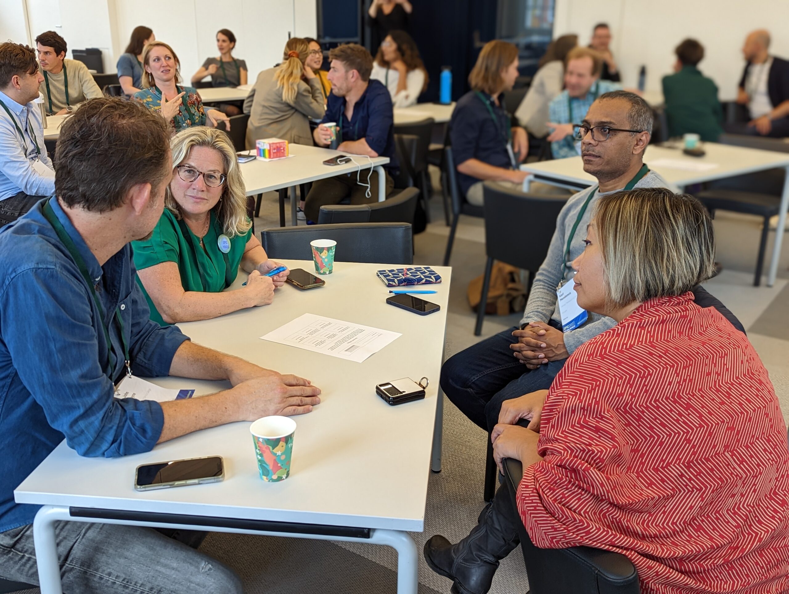 Workshop participants sitting at tables in small groups