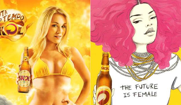 Advert of objectified girl holding beer bottle in bikini juxtaposed with advert of girl holding beer bottle in a t-shirt saying ‘the future is female’