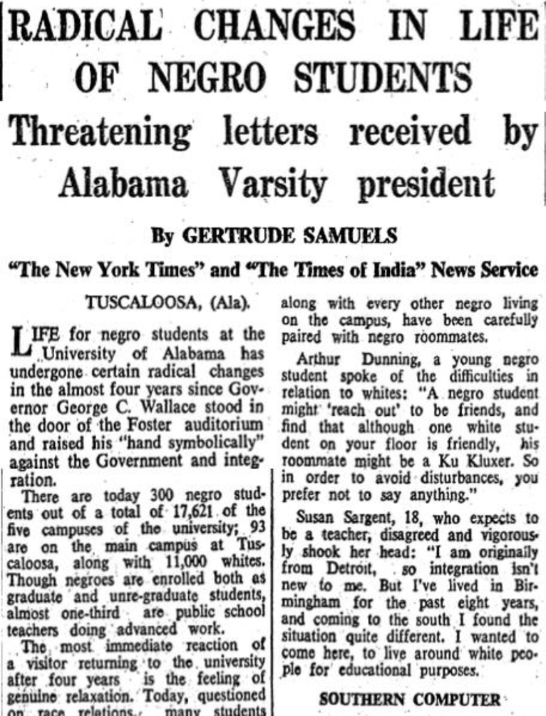 An image of a 1968 newspaper article published in The New York Times with the headline “Radical Changes in Life of Negro Students: Threatening letters received by Alabama Varsity president”