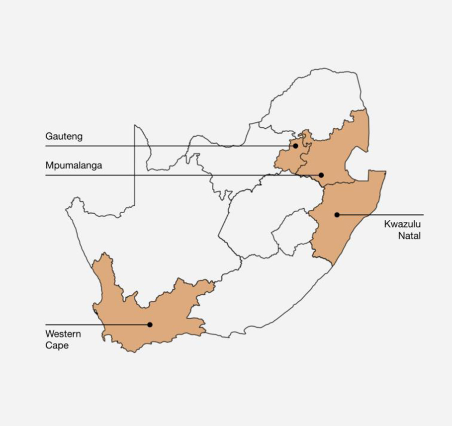 A map of South Africa with the provinces Gauteng, Kwazulu Natal, Mpumalanga, and Western Cape marked out as the project's research locations