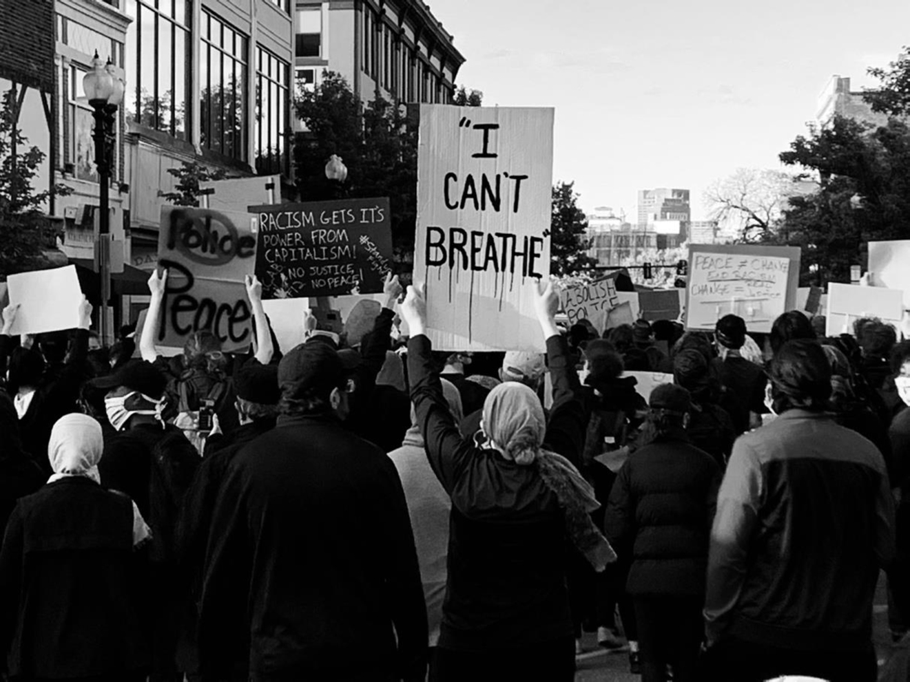 Demonstrators holding signs such as “I Can't Breathe” and “No Justice, No Peace” in Nubian Square Boston in response to the murder of George Floyd