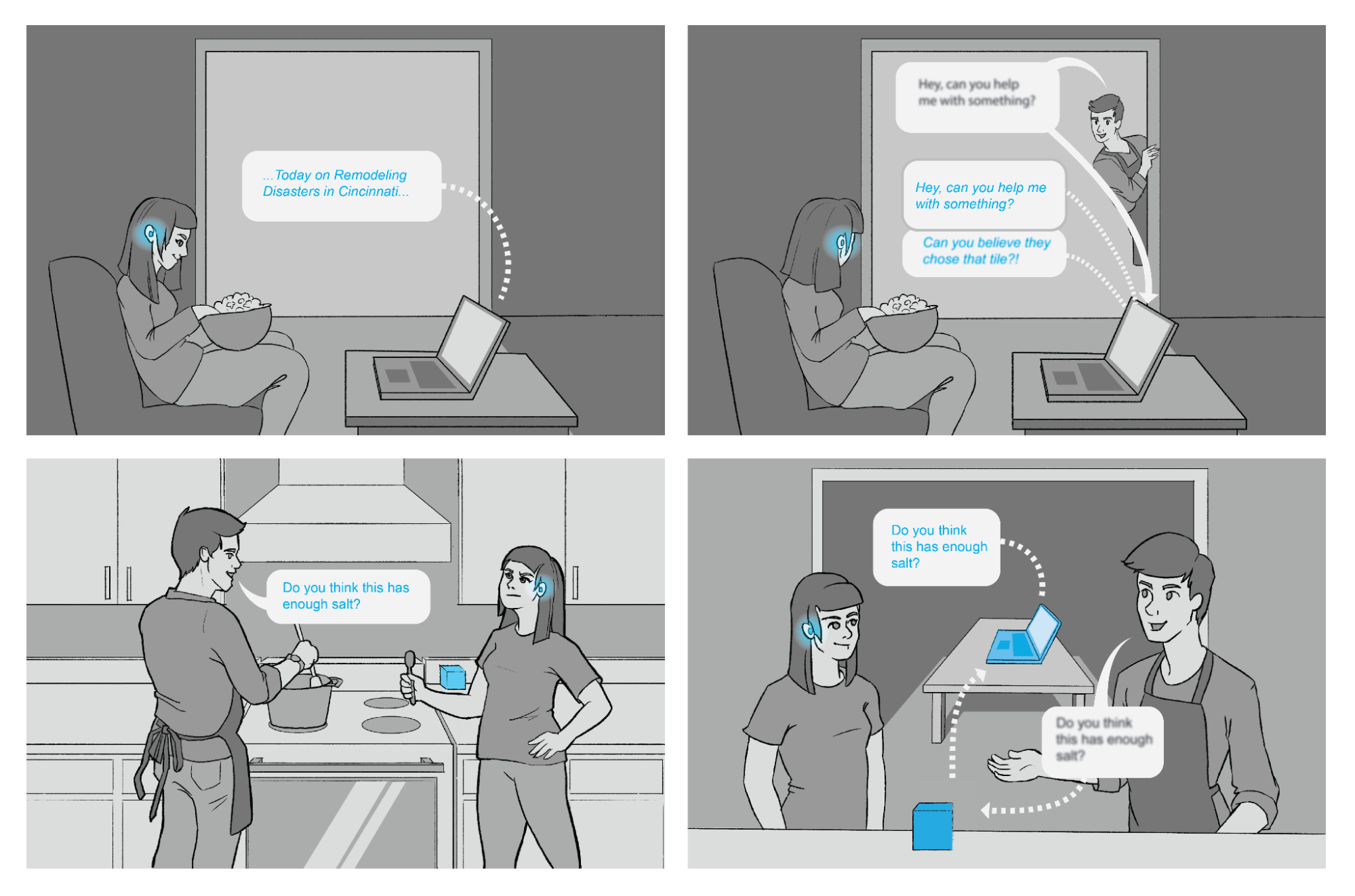 Figure 2: A four-panel storyboard depicting a woman with a hearing aid watching a show on her laptop, sound streamed directly to her hearing aid, when she is interrupted by her boyfriend cooking dinner in the other room. The PC processes and clarifies his first interjection, then once she goes into the kitchen, a listening device (represented by a blue box) picks up the sound of her boyfriend's speech and sends it to the PC to be processed before it's relayed directly back to her hearing aids.