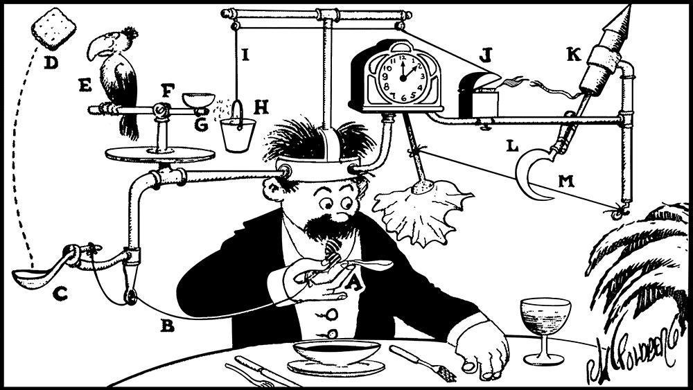 Figre 5. A black and white cartoon of a man with a complex contraption on his head with different pieces labeled A through M, including a rocket with its fuse just lit, and a scythe about to cut through a wire that leads a napkin to swipe in front of the man's face as he eats soup.