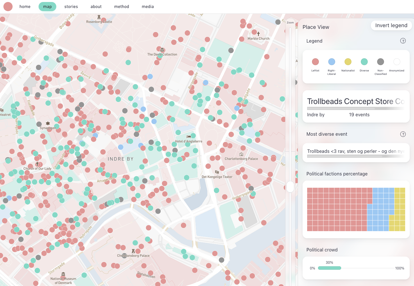 Screenshot from the datascape of the ‘DYLIAB’ project. It shown a map of Copenhagen filled with dots of different colors indicating the extent to which a venue attracts a diverse political crowd. The user have clicked one of the green dots which brings out the statistics on the specific venue ‘Trollbeads concept store’. It shows that this store has hosted 19 events that have in combination attracted a crowd where 2/3 supports the leftwing whereas the last 1/3 is almost equally split between the economic liberals and the nationalists.